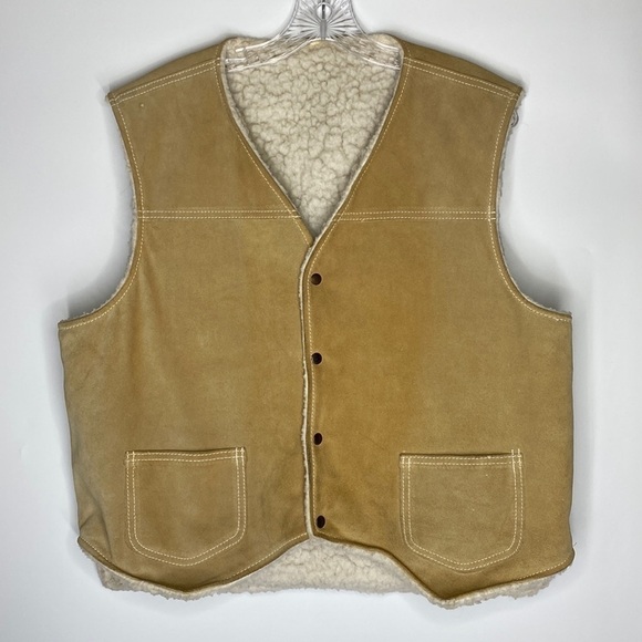 Vintage Western Tan Leather Sherpa Lined Vest Size Large 70s - Picture 1 of 6